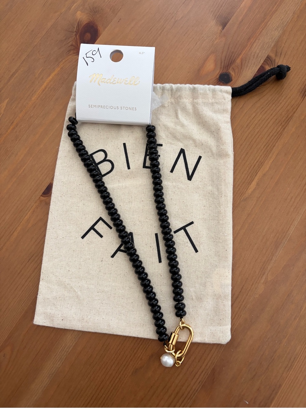 Madewell Black Semiprecious Stone Bead Beaded Gold Carabiner Charm Necklace